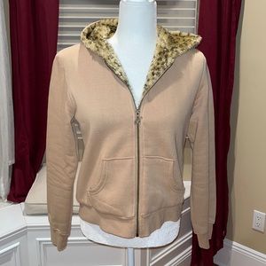B Sport Tan hoodie with cheetah print inside Sz L plush faux fur inside